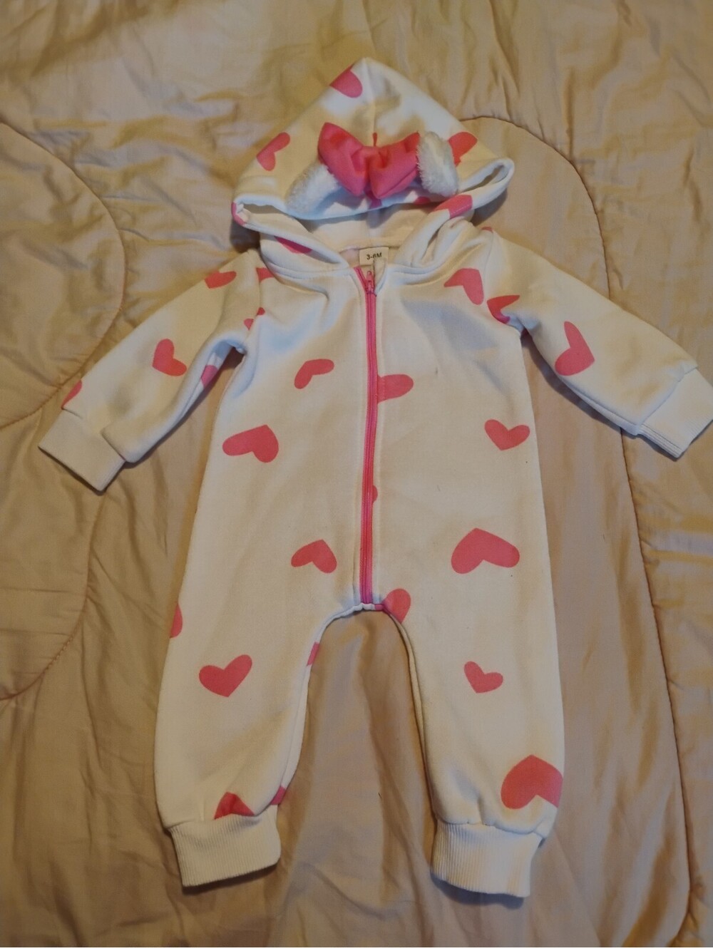 Infant White Fleece Footie with Pink Hearts and Hood